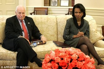 Former Vice-President Dick Cheney sits bemusedly beside Condoleezza Rice. Rice disapproved of Cheney's stark views of the world and the War on Terror, whereas Cheney felt that Rice demonstrated a painful naiveté that constituted a dangerous form of pre-9/11 thinking.
